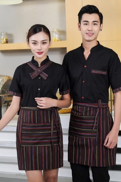 Đồng Phục Nhà Hàng Khách Sạn-Đồng Phục Pha Chế Áo Sơ Mi Đen Phối Sọc, Tạp Dề Nâu Phối Sọc 71