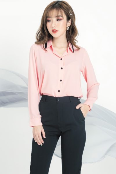 Đồng Phục Công Sở-Áo Sơ Mi Nữ Màu Hồng Viền Đen 51